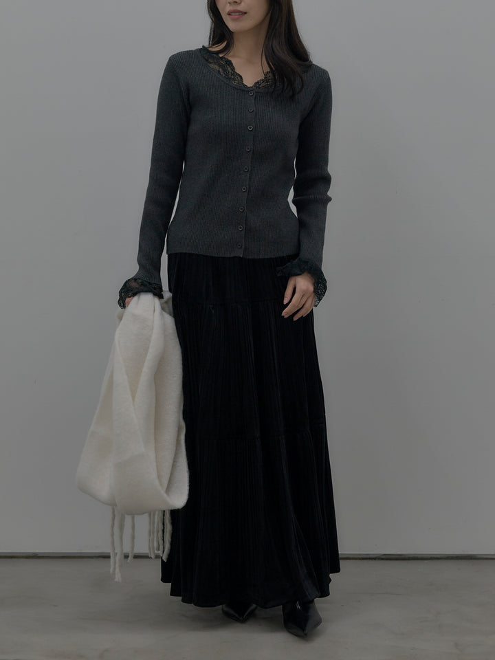 【SET】レースドッキングリブニットトップス+ベロアプリーツティアードスカート(2set)