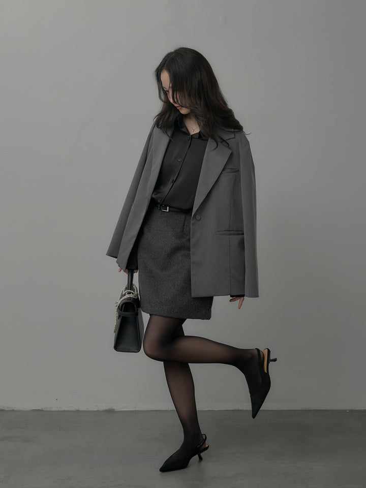 【SET】【Essential】ボックスシルエットテーラードジャケット+【Essential】ウールタッチミニスカート(2set)