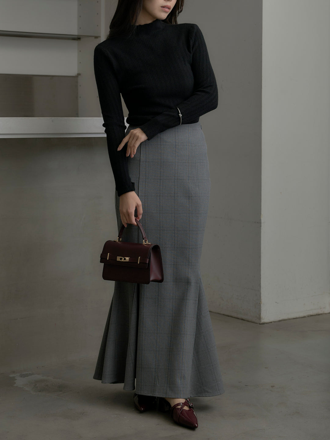 【SET】リブニットタートルネック+【Essential】チェック柄マーメイドスカート(2set)