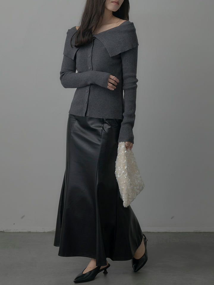 【SET】オフショルライクリブニットトップス+レザーマーメイドスカート(2set)