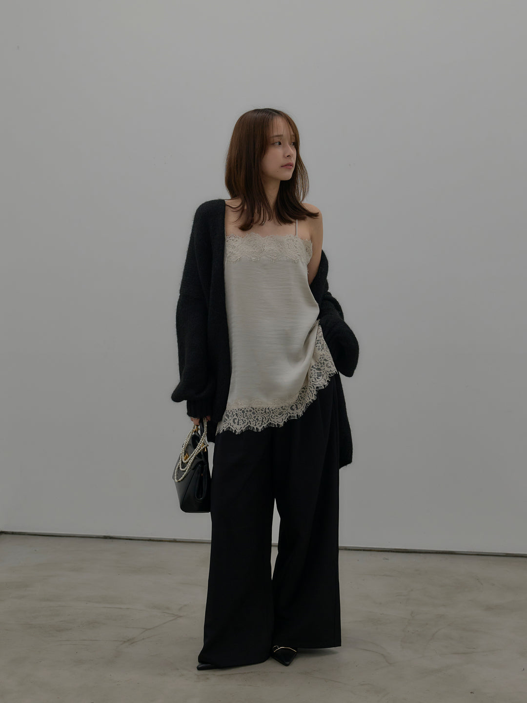 【SET】モヘアライクオーバーニットカーディガン+レースサテンキャミソール(2set)