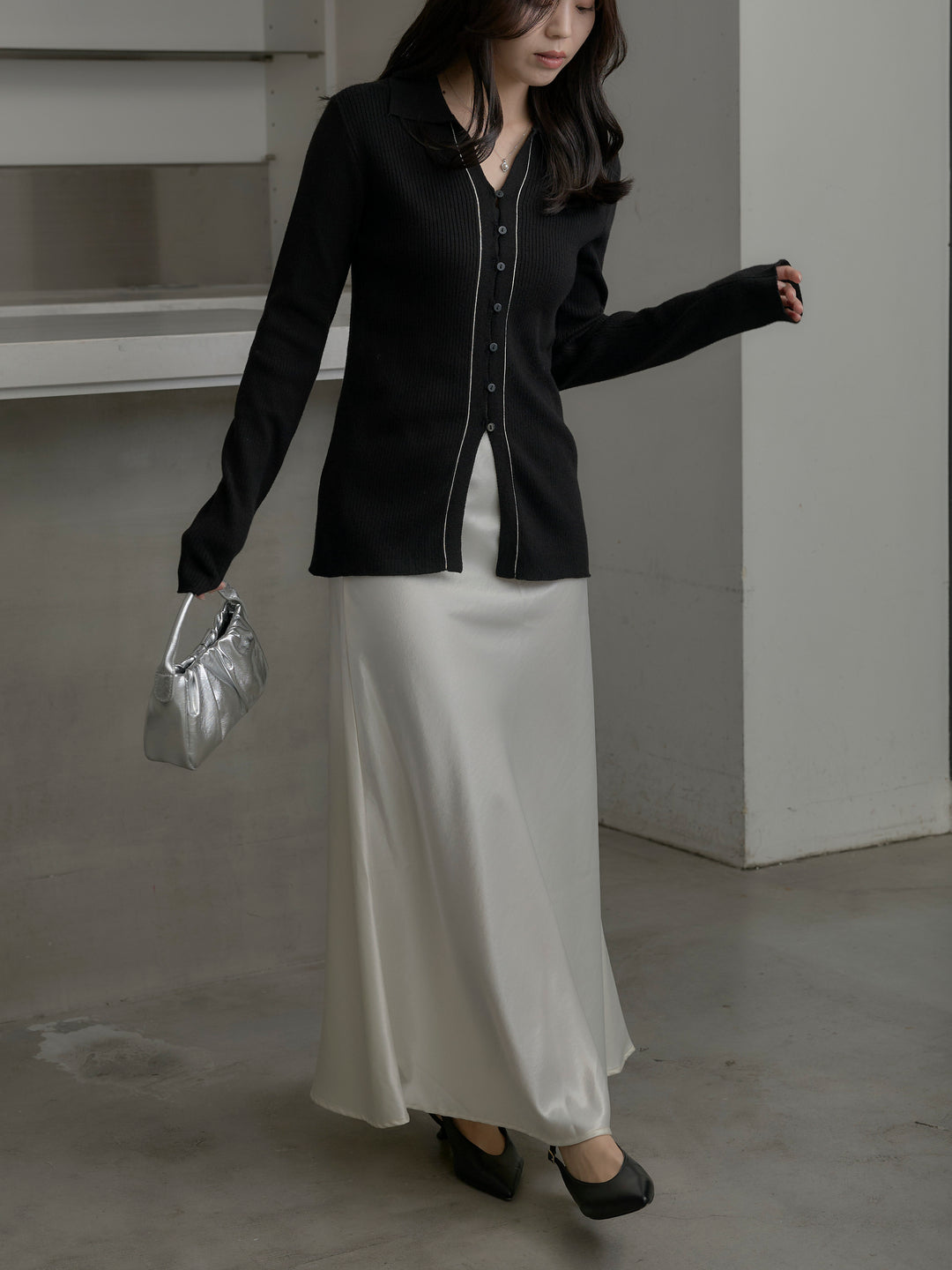 【SET】リブ配色ラインポロニットカーディガン+ナローAラインサテンスカート(2set)