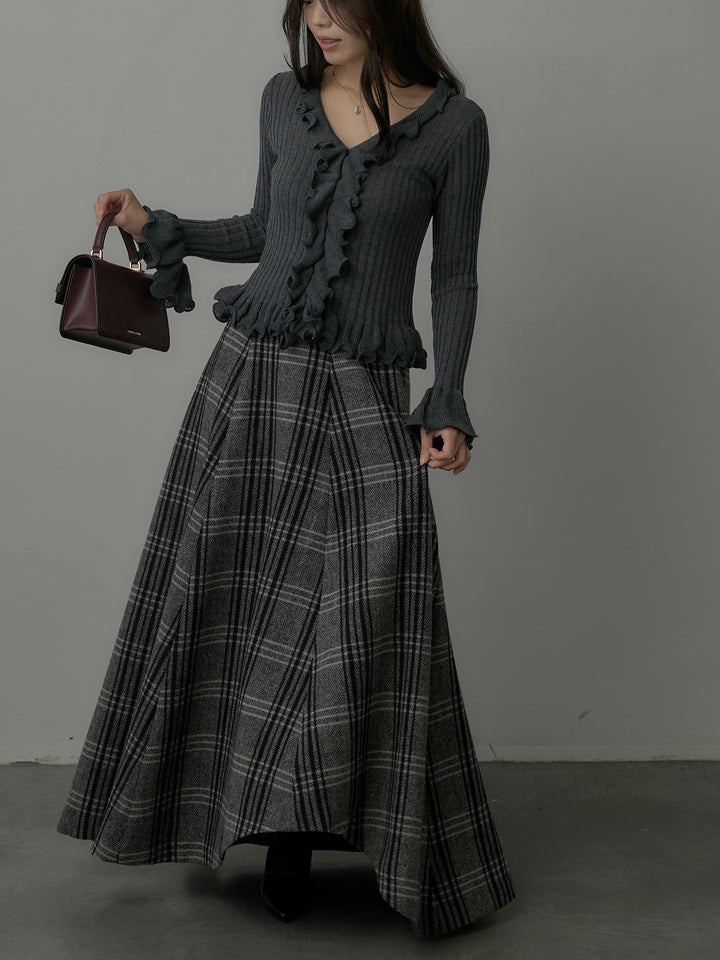 【SET】Vネックフリルデザインニットトップス+【Essential】クラシカルチェックウールタッチスカート(2set)