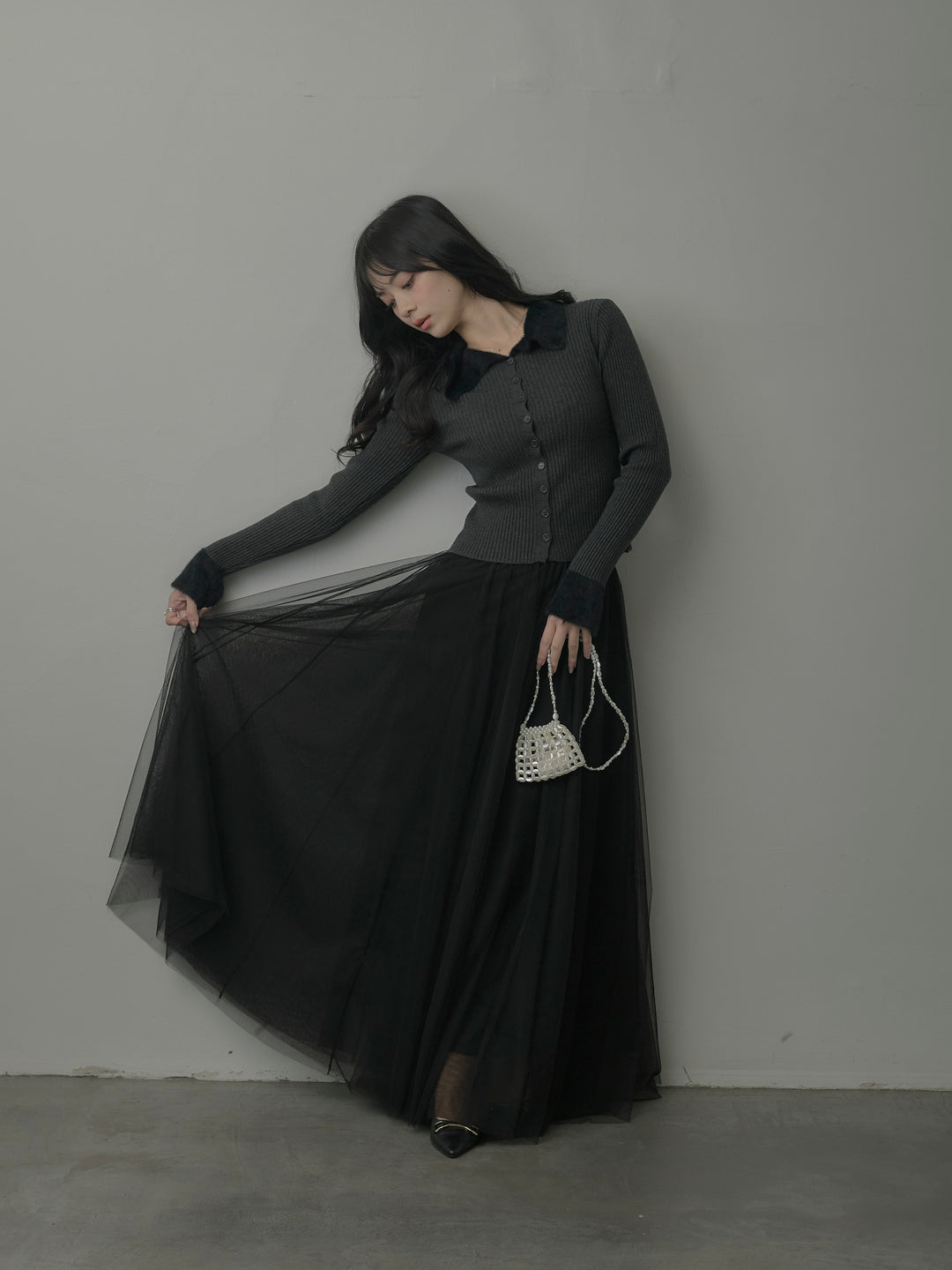 シャギー襟リブニットポロトップス