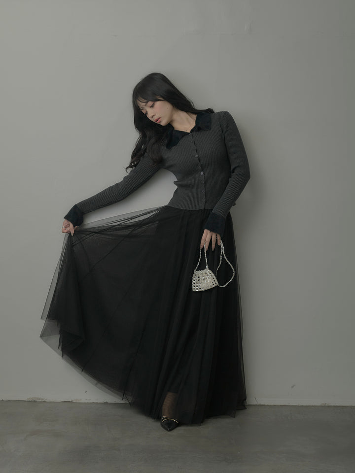 シャギー襟リブニットポロトップス