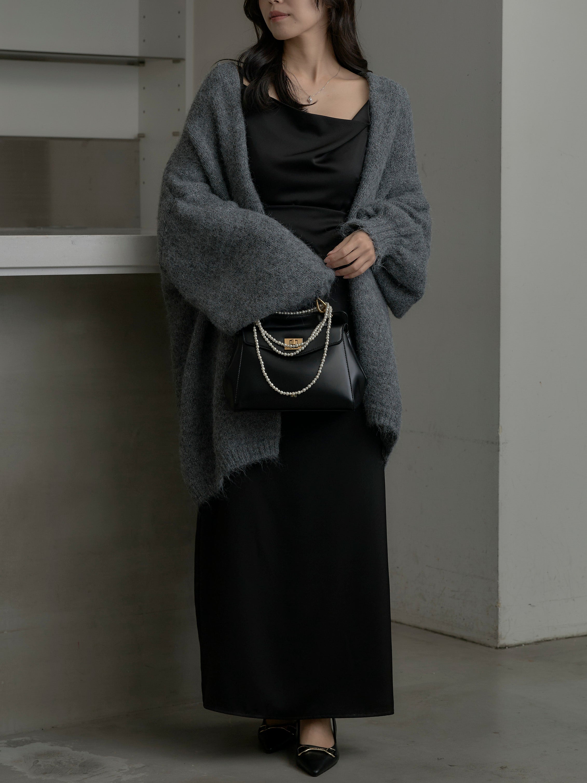 SET】モヘアライクオーバーニットカーディガン+【Essential】サテン