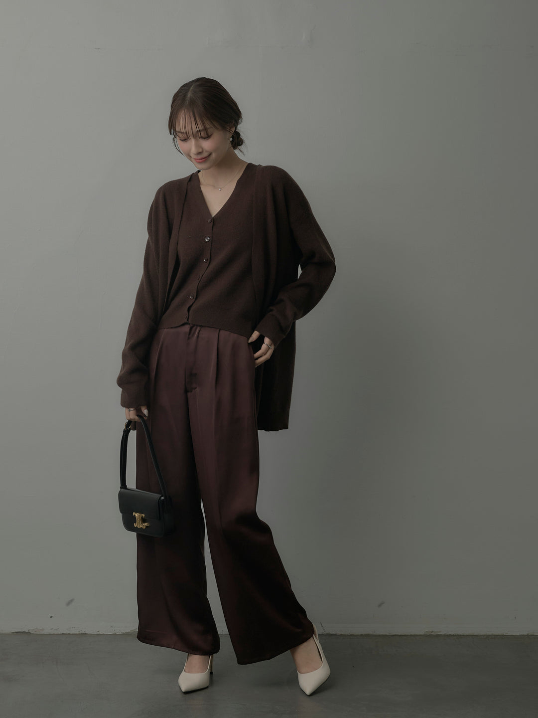 【SET】カーディガン&ニットベストアンサンブルSET+【Essential】センタープレスサテンパンツ(2set)