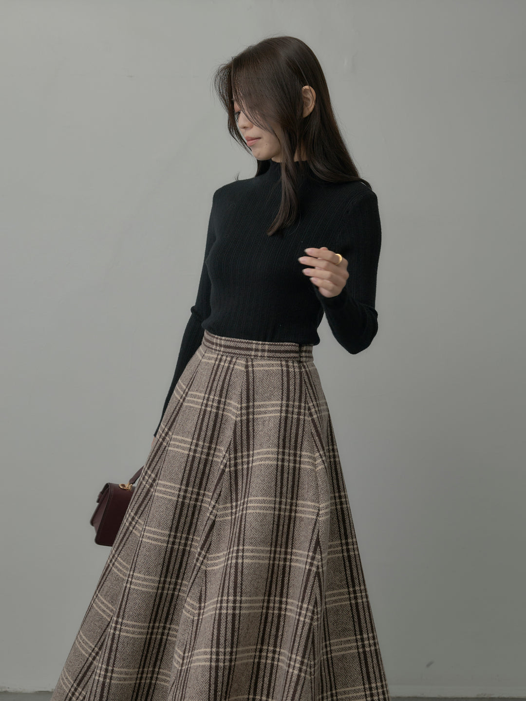 【SET】リブニットタートルネック+【Essential】クラシカルチェックウールタッチスカート(2set)