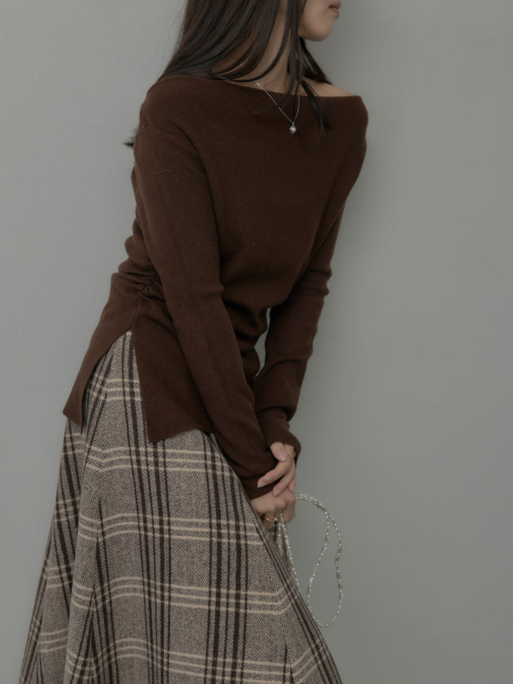 【SET】サイドスリットボートネックニットトップス+【Essential】クラシカルチェックウールタッチスカート(2set)
