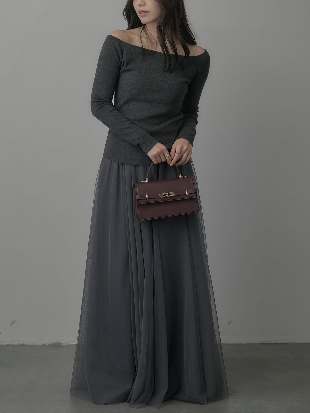 【SET】2wayリブニットポンチョトップス+ボリュームチュールスカート(2set)