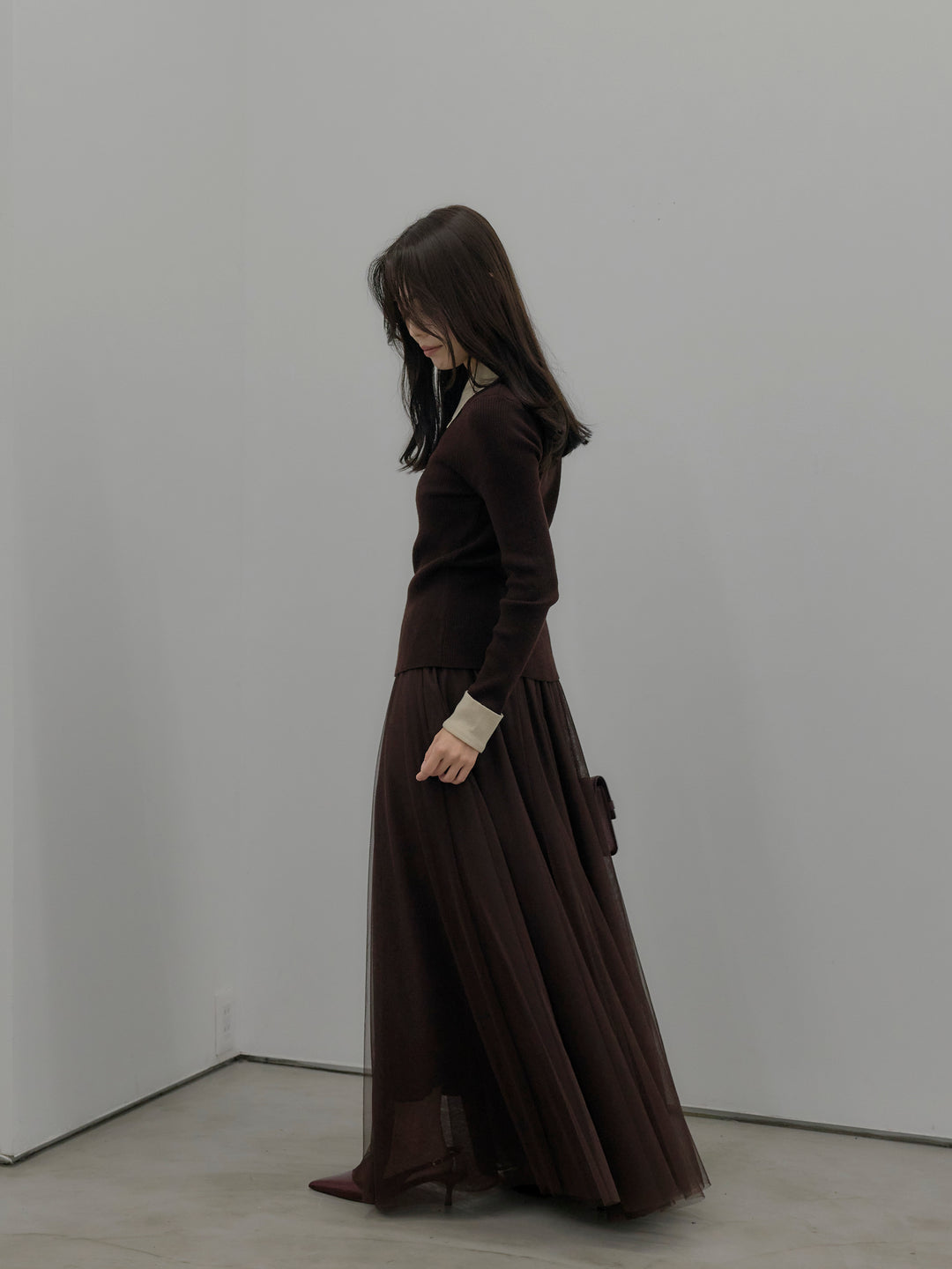 【SET】配色カフスニットポロ+ボリュームチュールスカート(2set)