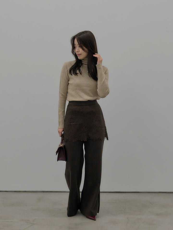 【SET】ベーシックリブタートルネック+レースレイヤードセミフレアパンツ(2set)