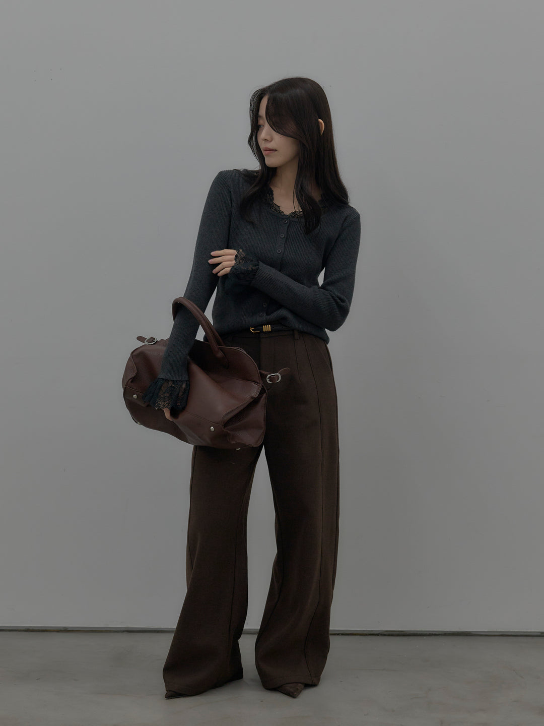 【SET】レースドッキングリブニットトップス+裏起毛デザインワイドパンツ(2set)