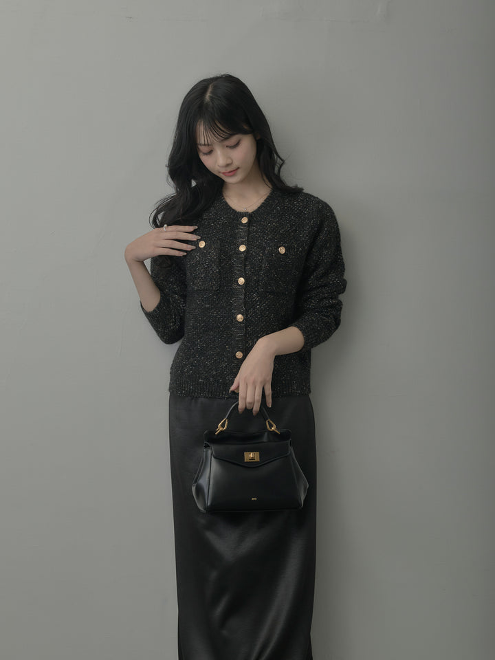 【SET】MIXニットゴールドボタンニットカーディガン+裾レースサテンスカート(2set)