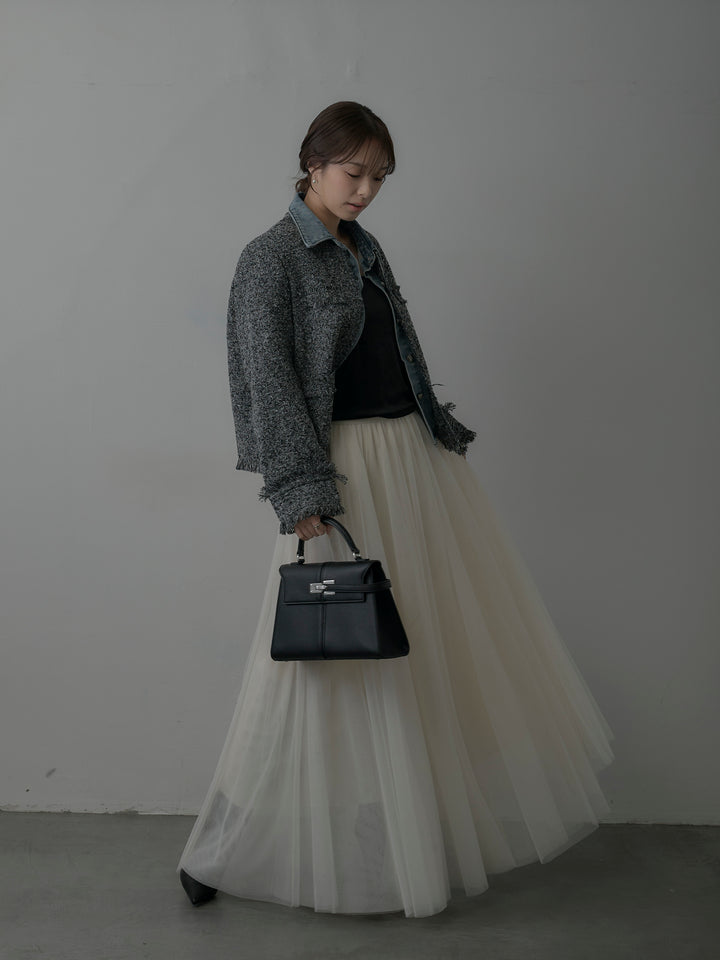 【SET】デニムドッキングオーバーサイズツイードジャケット+ボリュームチュールスカート(2set)