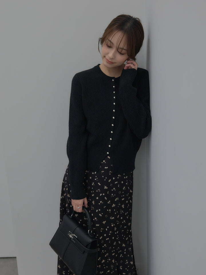 【SET】メタルボタンリブニットカーディガン+フラワーパターンマーメイドフレアスカート(2set)