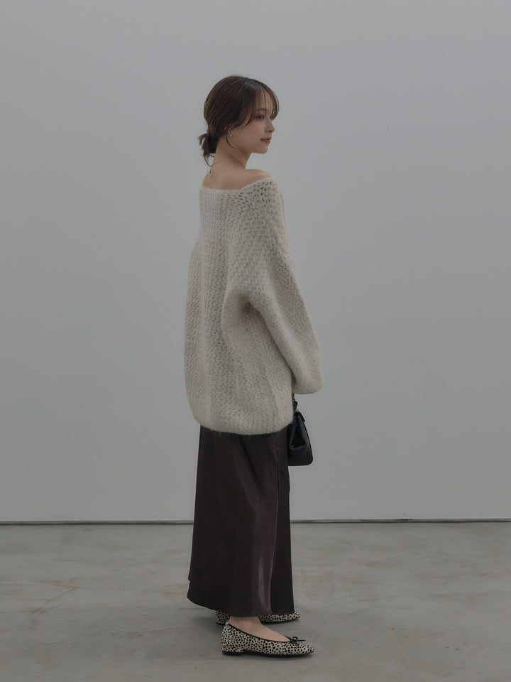 【SET】ラメ糸ローゲージ編みオーバーニットトップス+ナローAラインサテンスカート(2set)