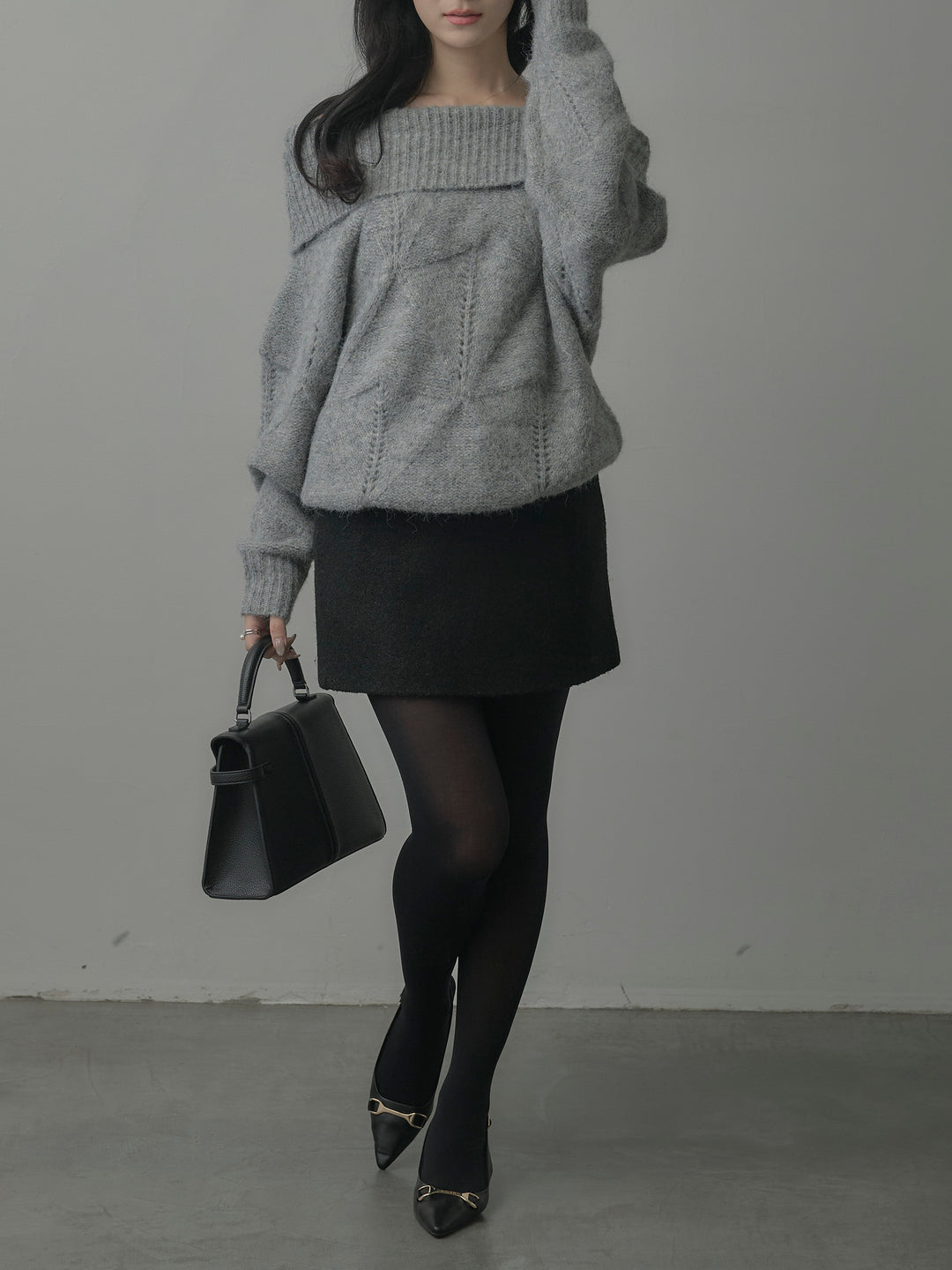 【SET】メランジニットオフショルトップス+ブークレ台形ミニスカート (2set)