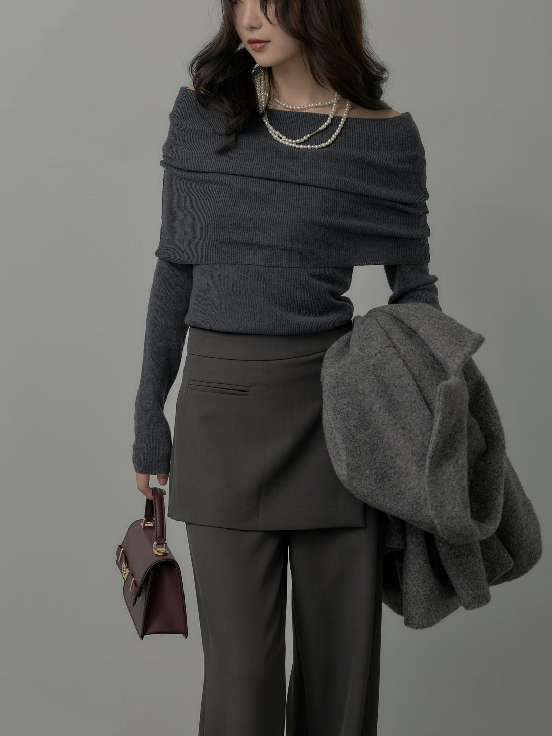 【SET】オフショルリブニットトップス+ラップワイドパンツ(2set)