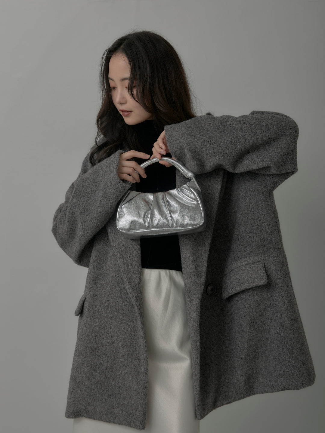 【SET】【Essential】オーバーサイズジャケットコート+メッシュベロアノースリーブトップス+ナローAラインサテンスカート(3set)