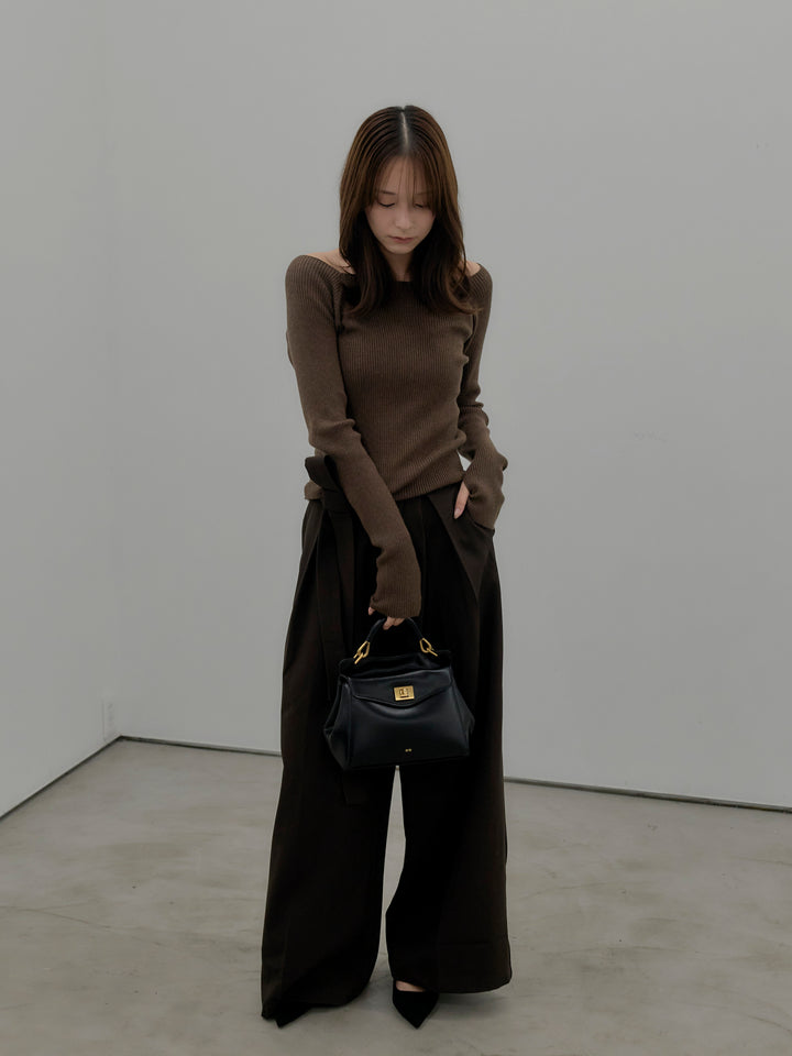 【SET】スクエアネックリブニット+ウエストリボンワイドパンツ(2set)