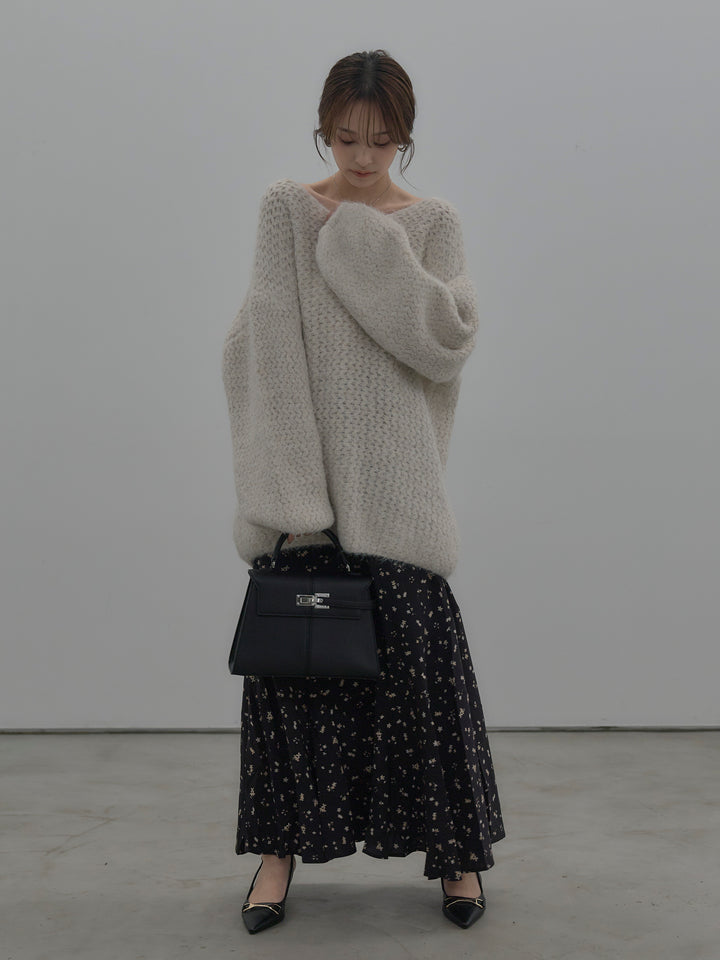 【SET】ラメ糸ローゲージ編みオーバーニットトップス+フラワーパターンマーメイドフレアスカート(2set)