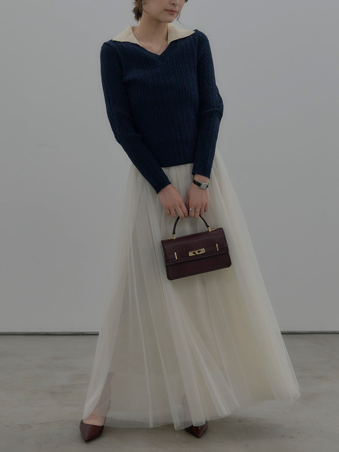 【SET】配色Vネックケーブルニットトップス+ボリュームチュールスカート(2set)