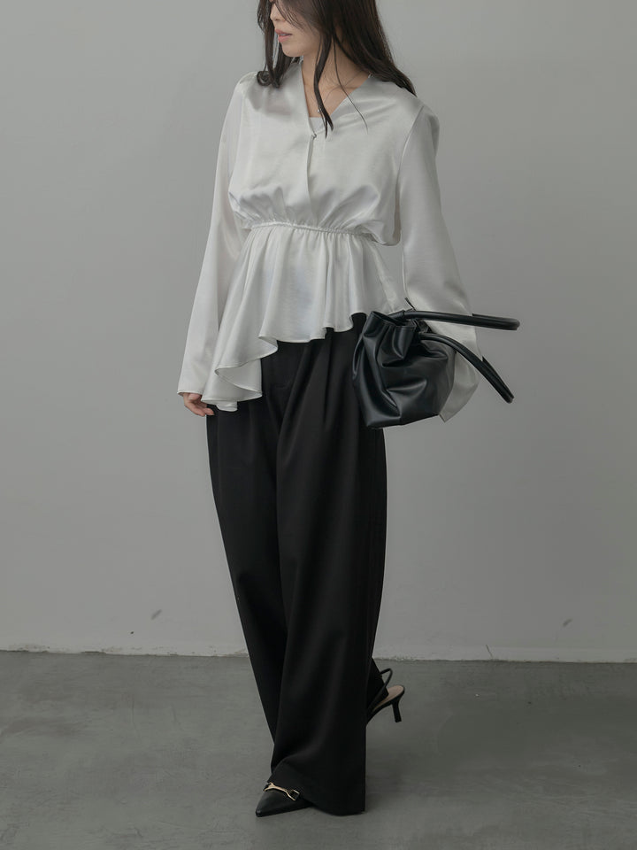 【SET】Vネックアシメサテンブラウス+【Essential】３タックスラックス(2set)