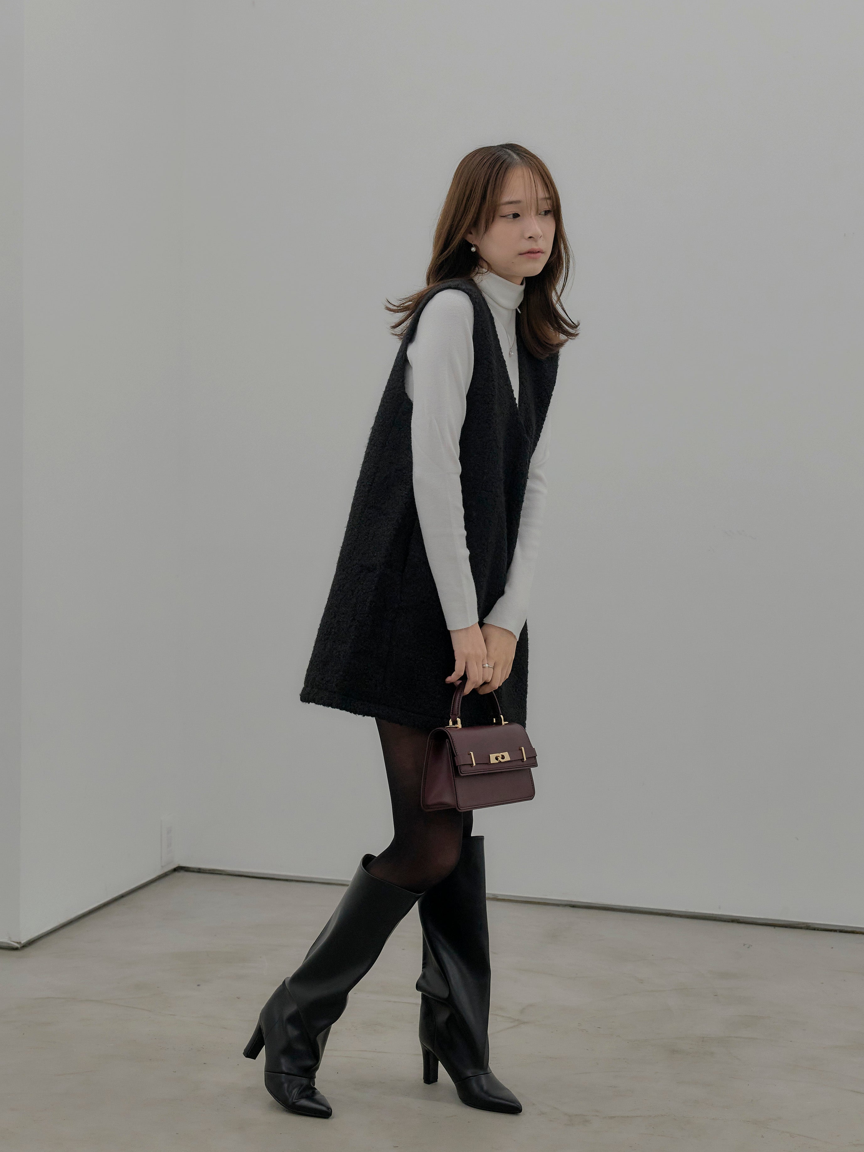 SET】ブークレVネックミニワンピース+ベーシックリブタートルネック