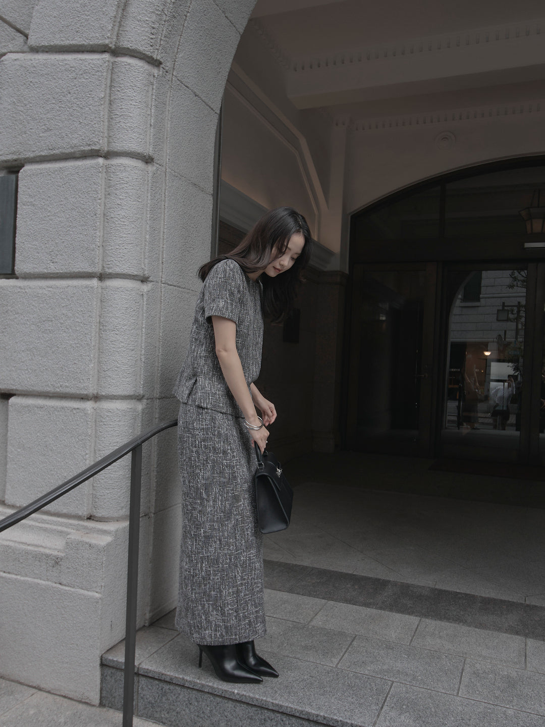 【SET】【Essential】ツイードハーフスリーブトップス+【Essential】ツイードペンシルスカート(2set)