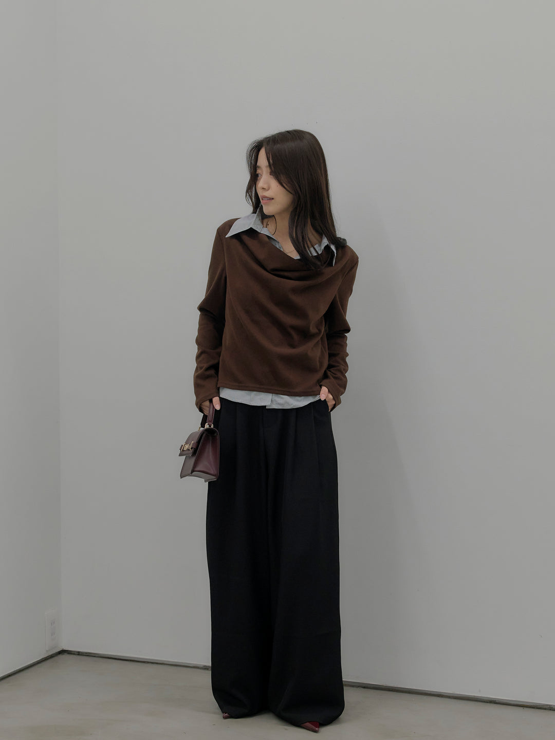 【SET】シャツレイヤードドレープニットトップス+デザインタックワイドパンツ(2set)