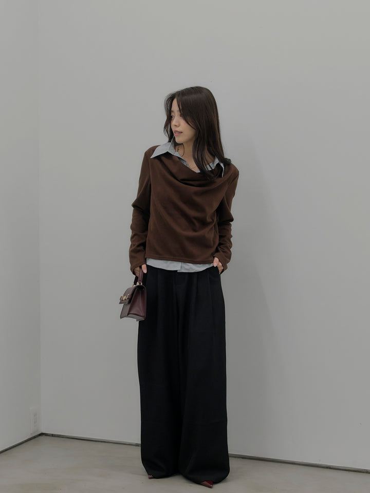 【SET】シャツレイヤードドレープニットトップス+デザインタックワイドパンツ(2set)