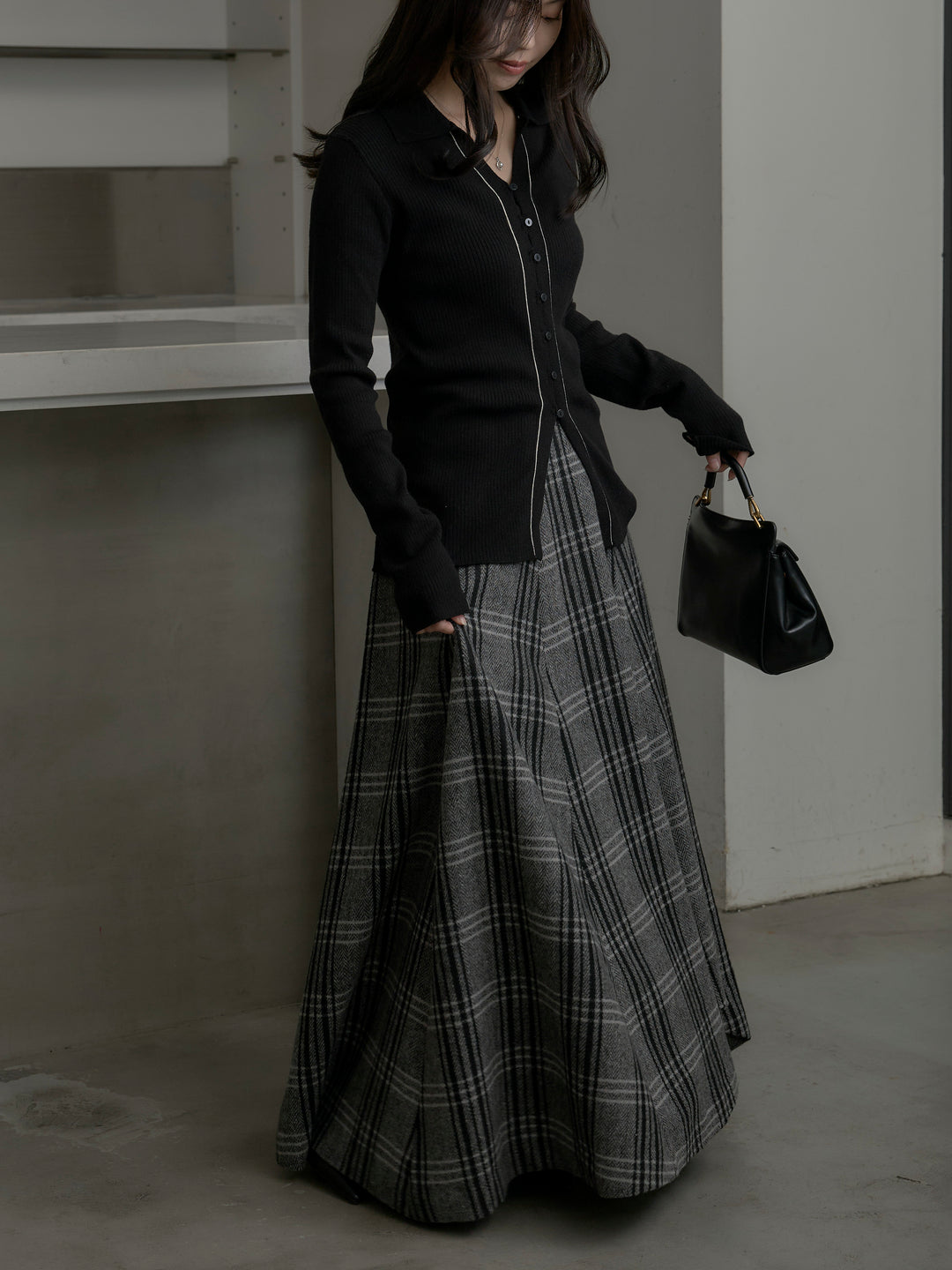 【SET】リブ配色ラインポロニットカーディガン+【Essential】クラシカルチェックウールタッチスカート(2set)