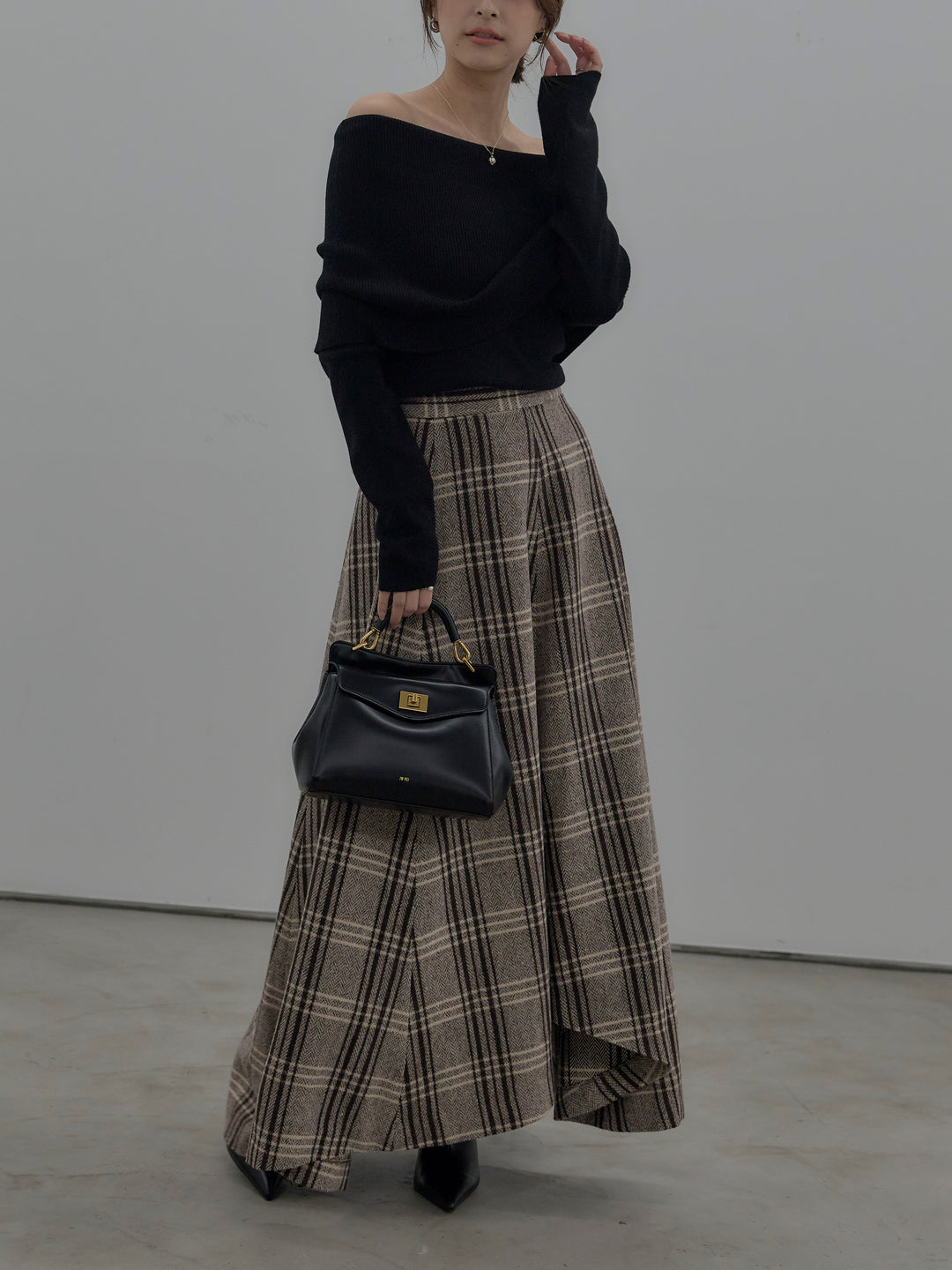 【SET】【premium touch】ソフトリブオフショルニットトップス+【Essential】クラシカルチェックウールタッチスカート(2set)