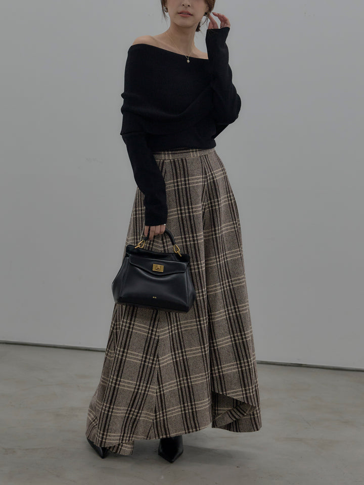 【SET】【premium touch】ソフトリブオフショルニットトップス+【Essential】クラシカルチェックウールタッチスカート(2set)