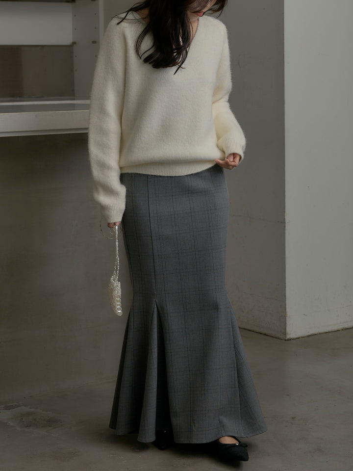 【SET】モヘアタッチVネックニットプルオーバー+【Essential】チェック柄マーメイドスカート(2set)