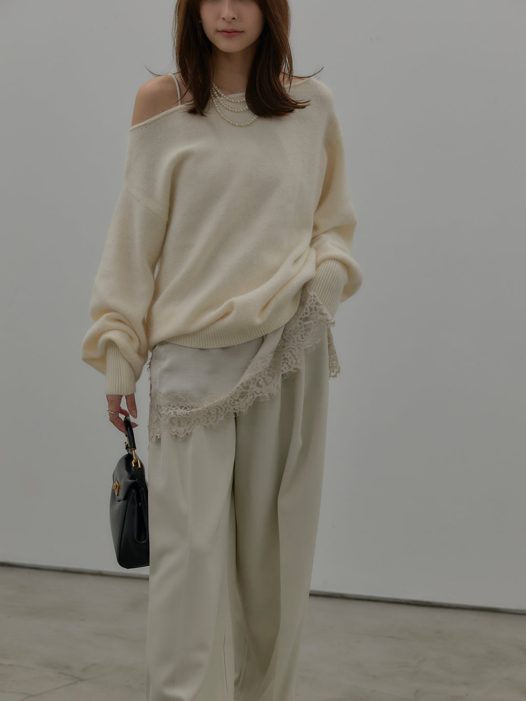 【SET】【premium touch】2wayショルダーニットプルオーバー+レースサテンキャミソール(2set)