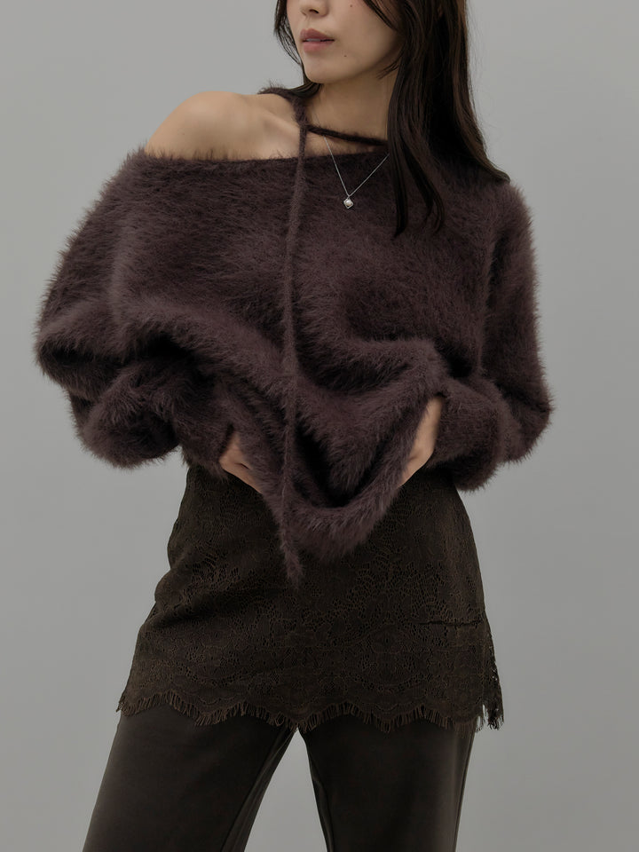 【SET】ネックリボンワンショルダーシャギーニット+レースレイヤードセミフレアパンツ(2set)