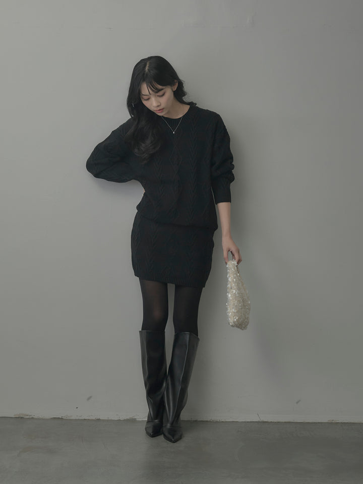 デザイン編みニットトップス&ミニスカート SET UP