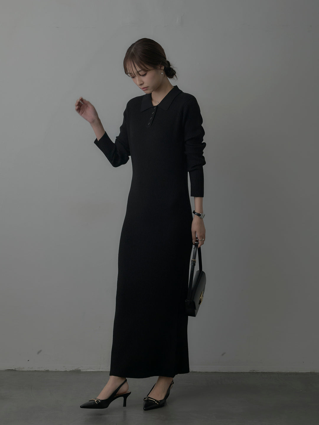 ポロ襟リブニットワンピース
