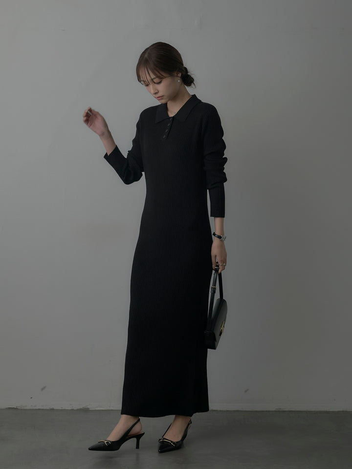 ポロ襟リブニットワンピース