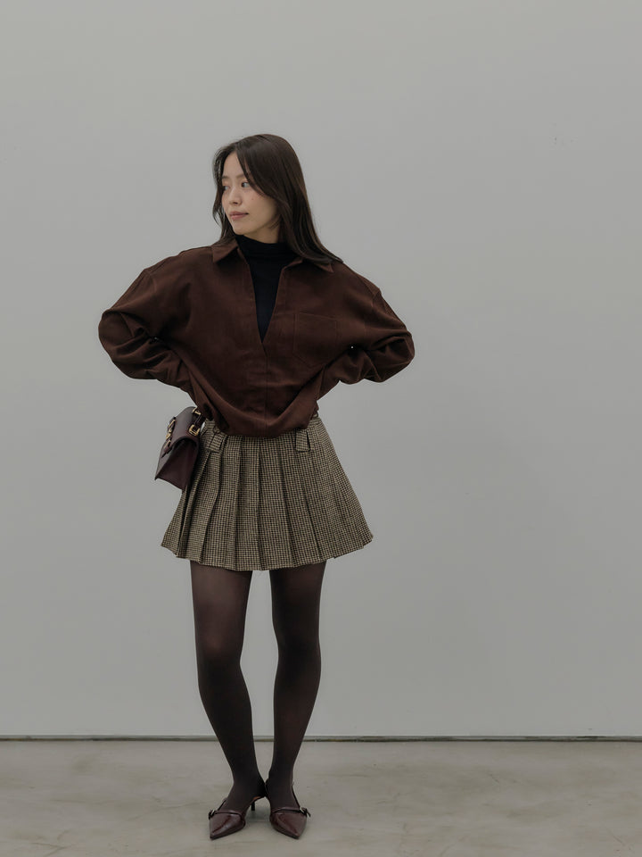 【SET】ドッキングデザイン裾ドロストスエードシャツ+ハウンドトゥースプリーツミニスカート(2set)