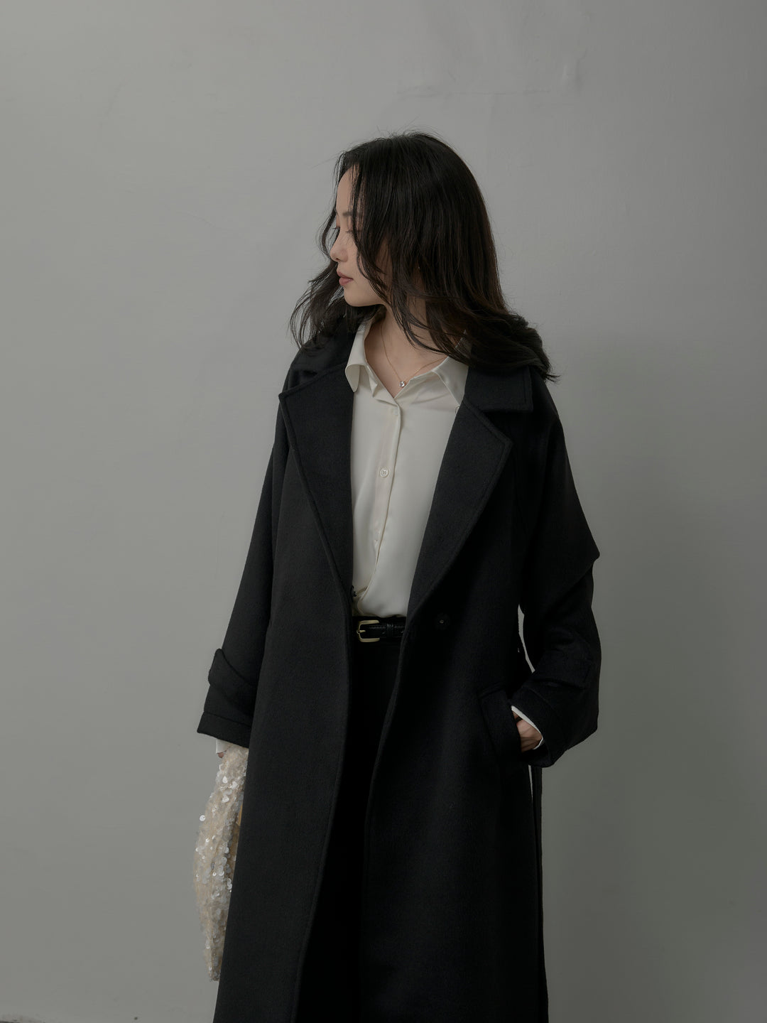 【SET】【Essential】ソフトウールリバートレンチコート+ケープ付きオーバーサテンシャツ+【Essential】３タックスラックス(3set)