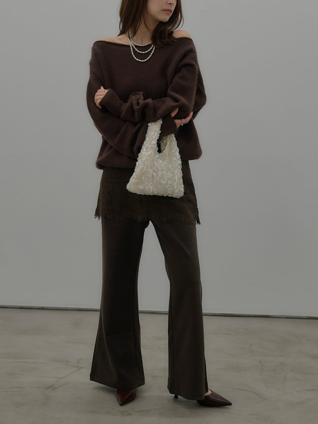 【SET】【premium touch】2wayショルダーニットプルオーバー+レースレイヤードセミフレアパンツ(2set)