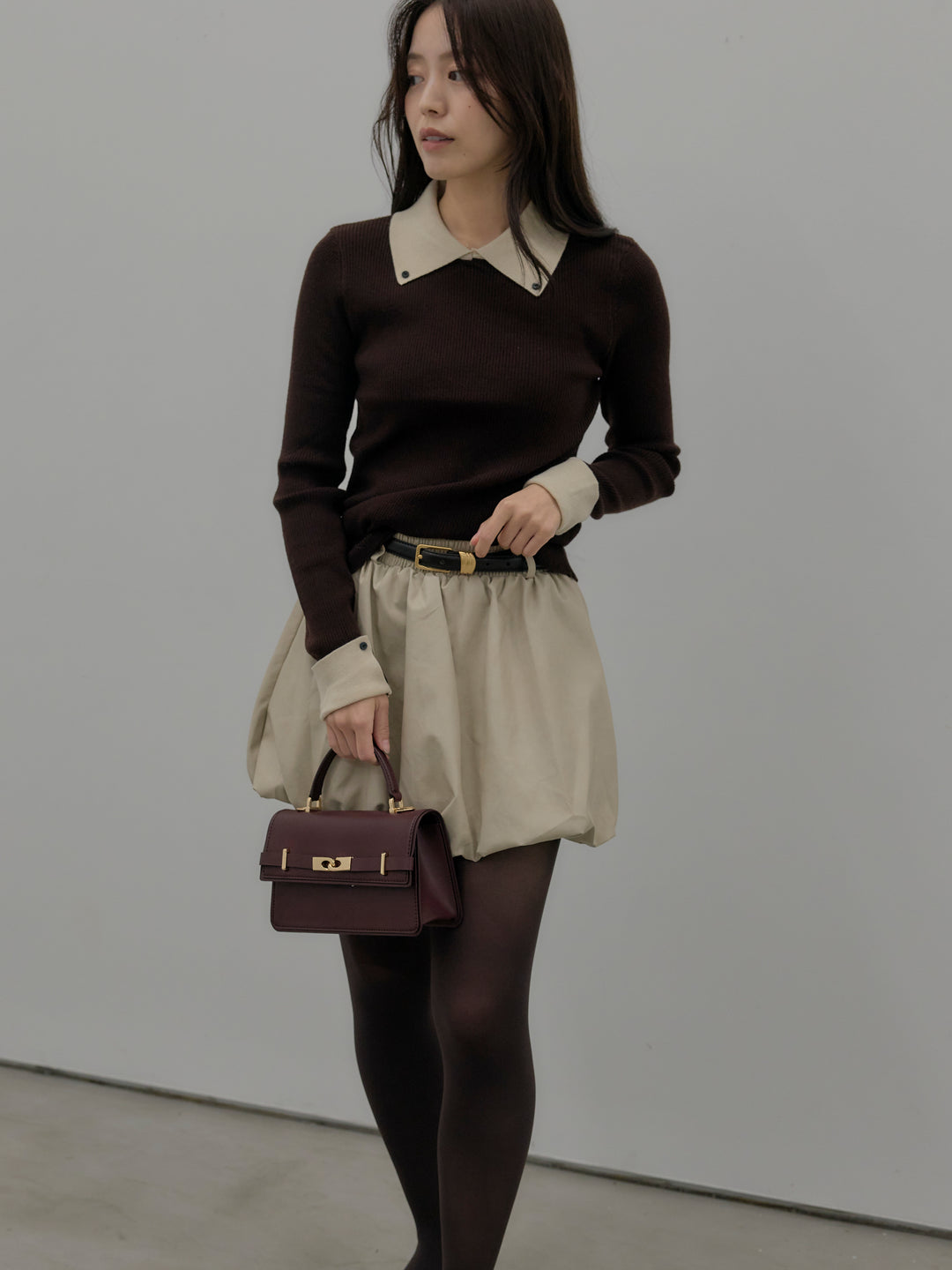 【SET】配色カフスニットポロ+ソフトレザーバルーンミニスカート(2set)