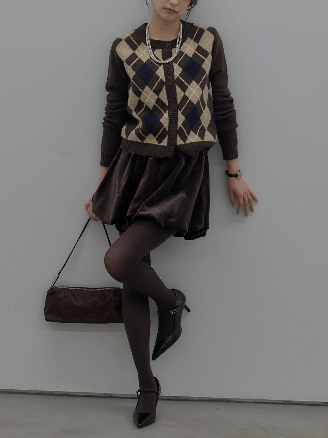 アーガイル柄コンパクトニットカーディガン