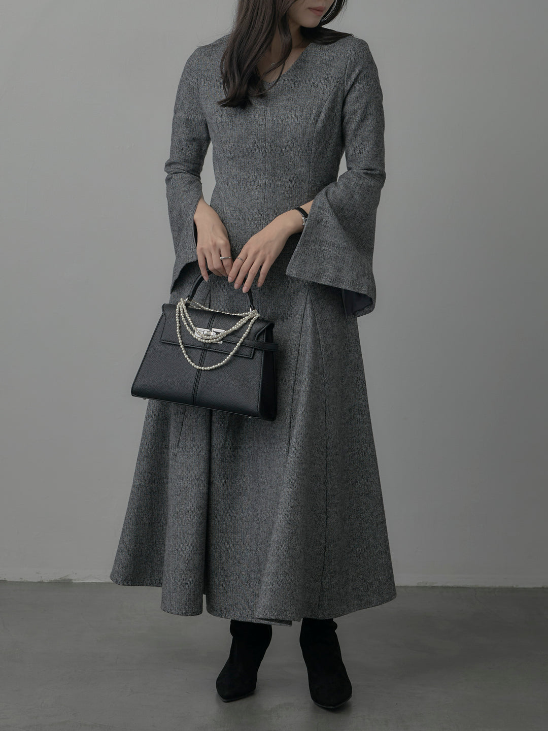 【Essential】2wayスリーブヘリンボーンフレアワンピース