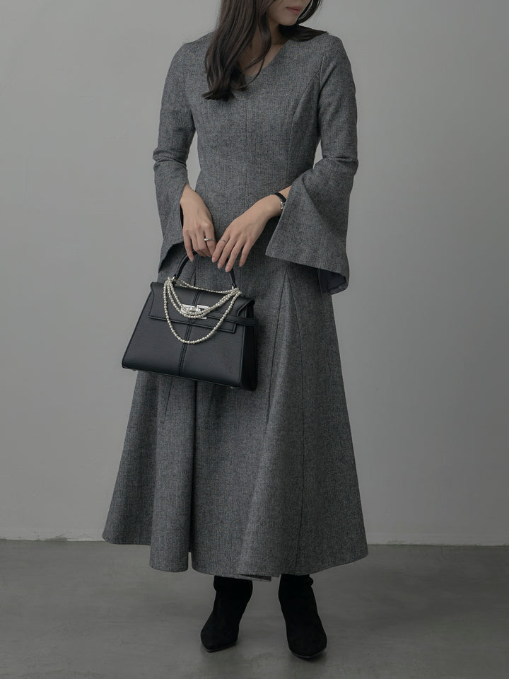 【Essential】2wayスリーブヘリンボーンフレアワンピース