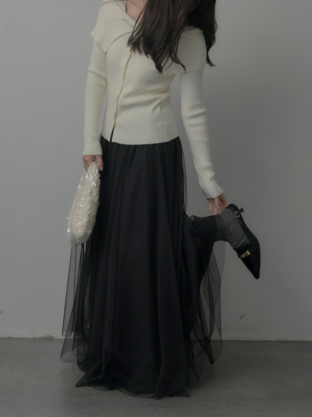 【SET】オフショルライクリブニットトップス+ボリュームチュールスカート(2set)