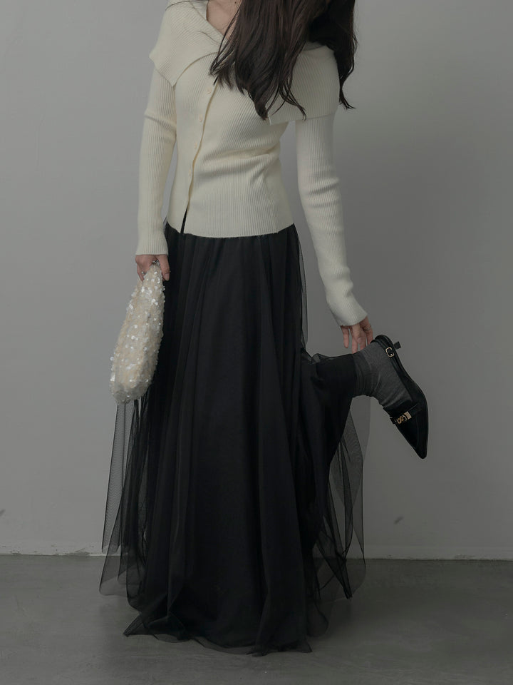 【SET】オフショルライクリブニットトップス+ボリュームチュールスカート(2set)